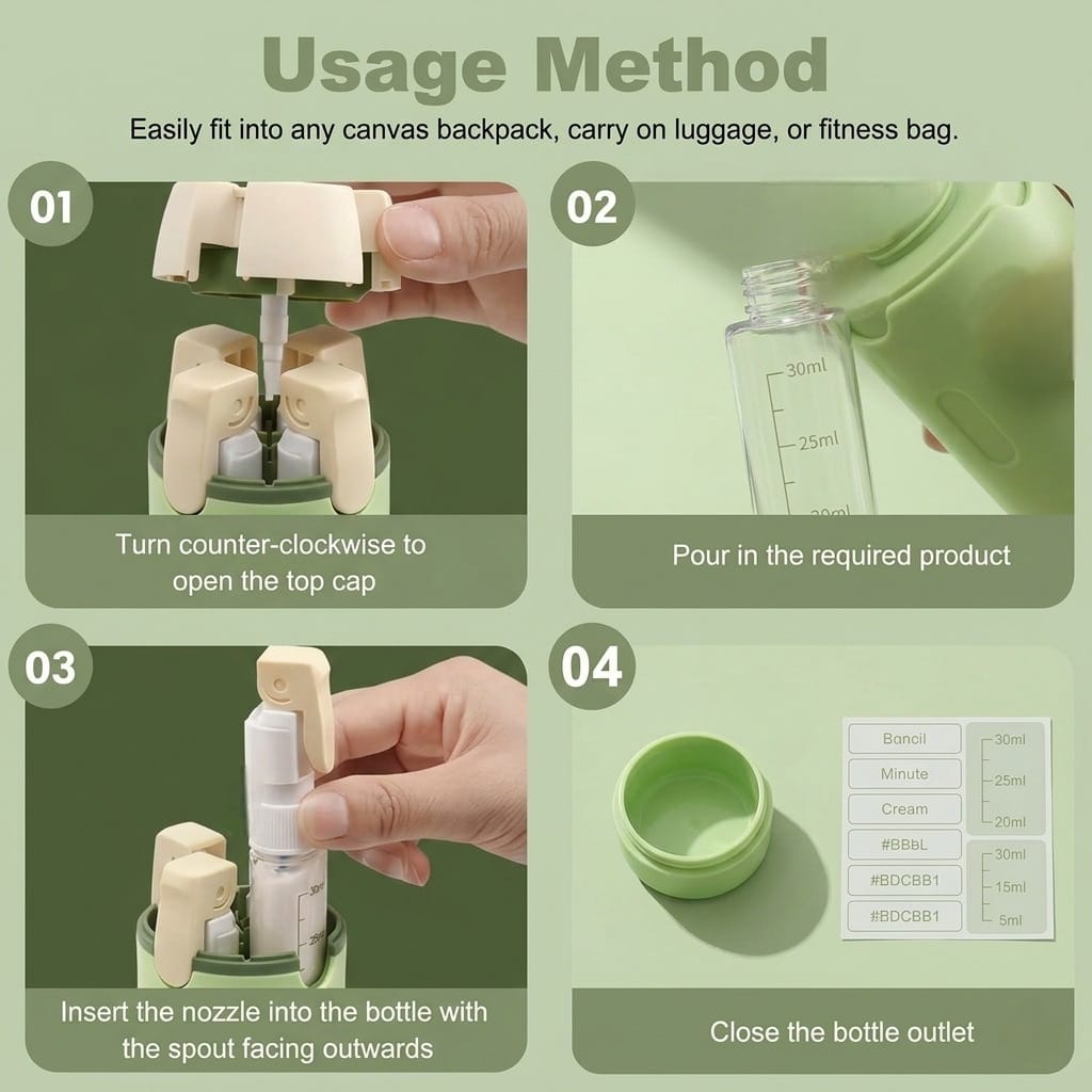 STAQX™ | 4-in-1 Travel Dispenser Leakproof Bottles for Shampoo & Lotion