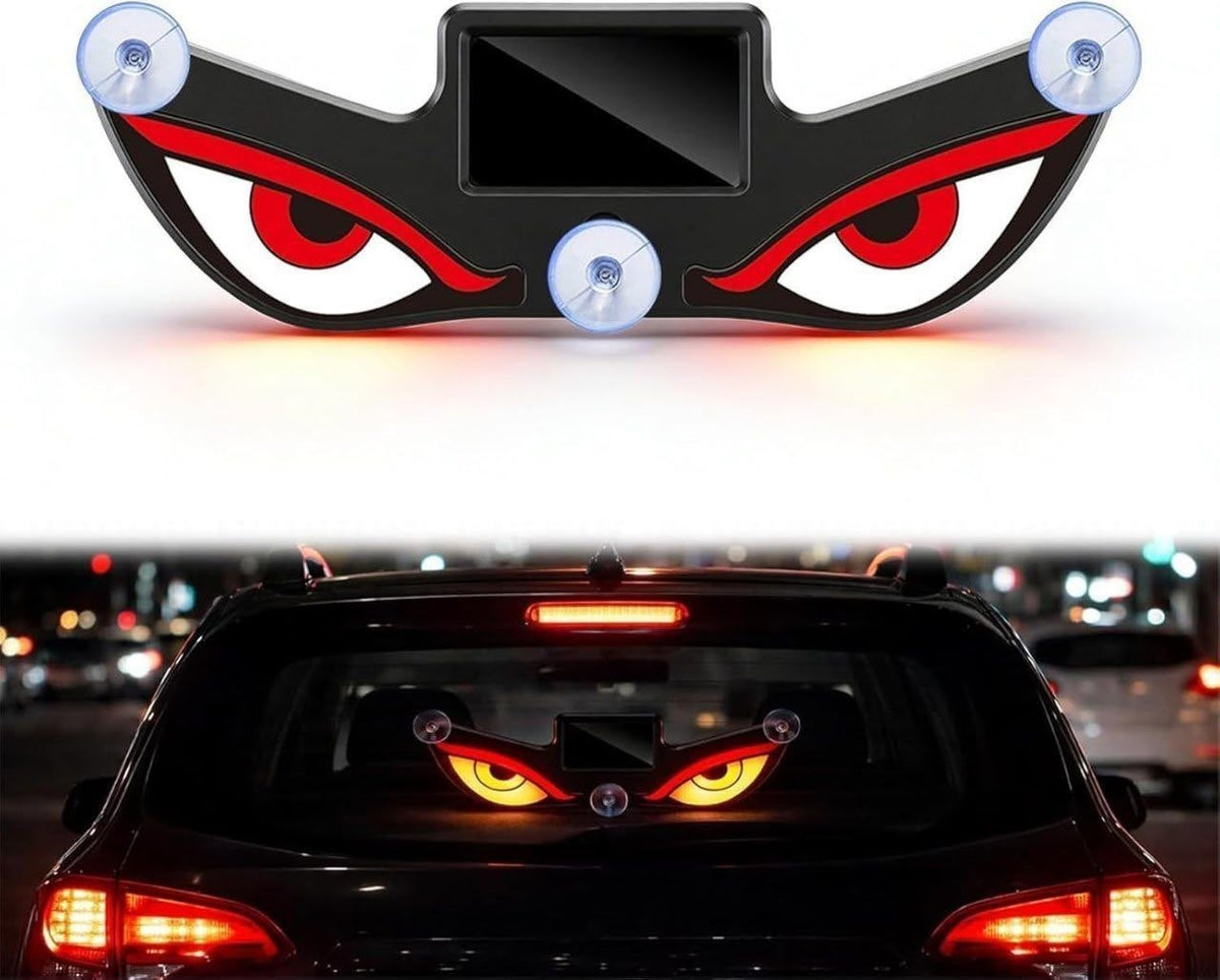 Devil's Eye light glowing on a rear windshield at night